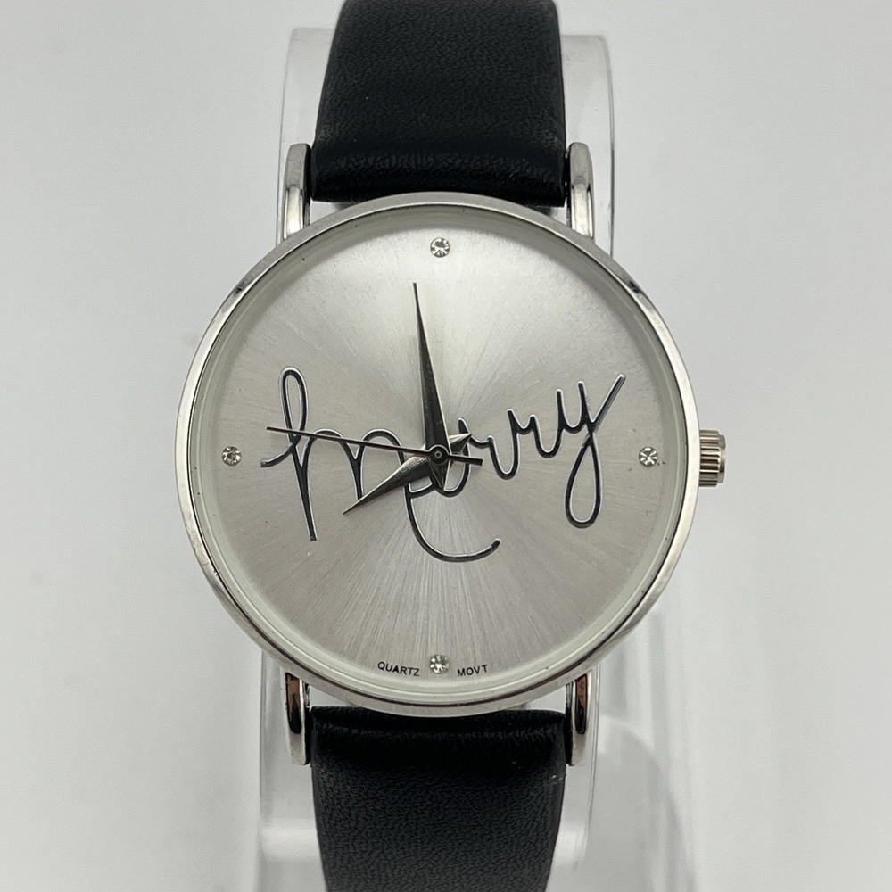 C&B Merry "Holiday" Watch Women 36mm Silver Case Black Band- New Battery